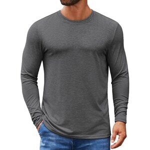 COOFANDY Men Dark Grey Crew Neck T-Shirt Long Sleeve Pullover Tees Soft Stretch